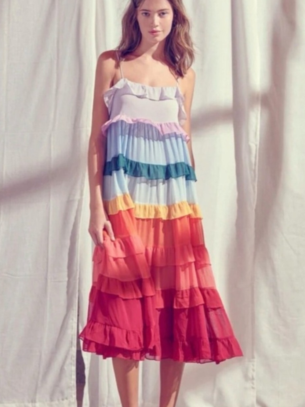 Storia Pastel to Coral Tiered Ruffle Midi Dress